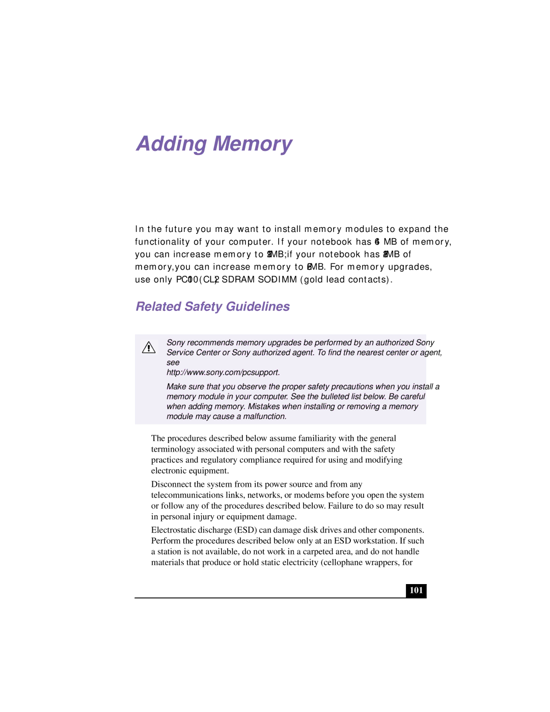 Sony PCG-R505TSK, PCG-R505TEK, PCG-R505TS, PCG-R505T manual Adding Memory, Related Safety Guidelines 