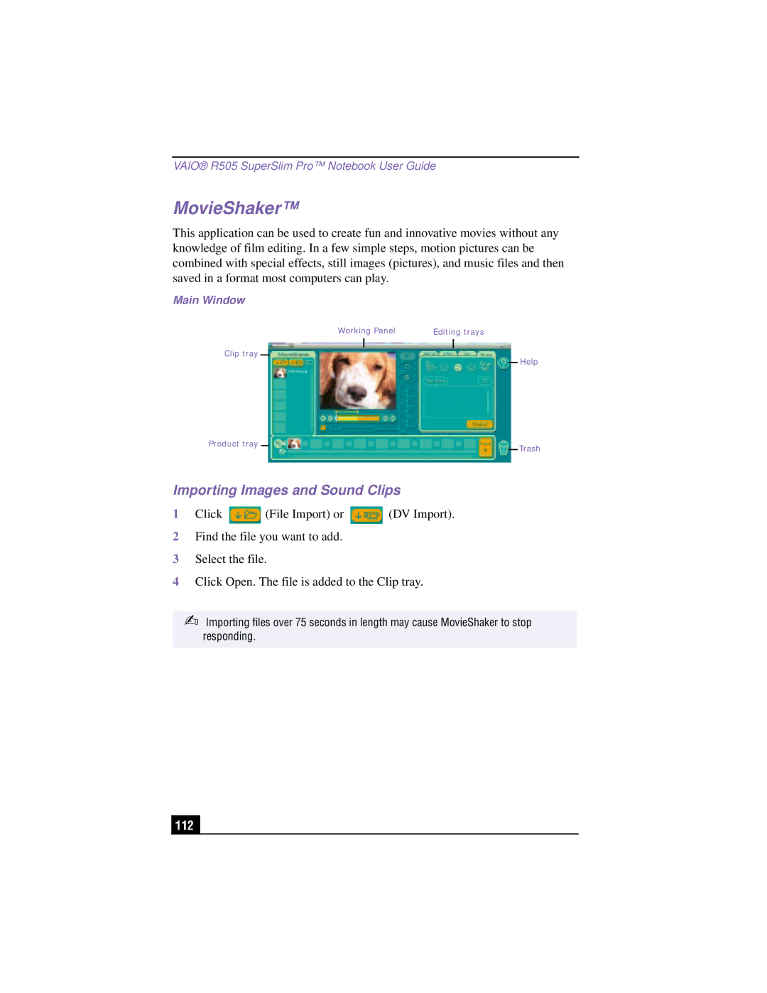 Sony PCG-R505TSK, PCG-R505TEK, PCG-R505TS, PCG-R505T manual MovieShaker, Importing Images and Sound Clips, 112, Main Window 