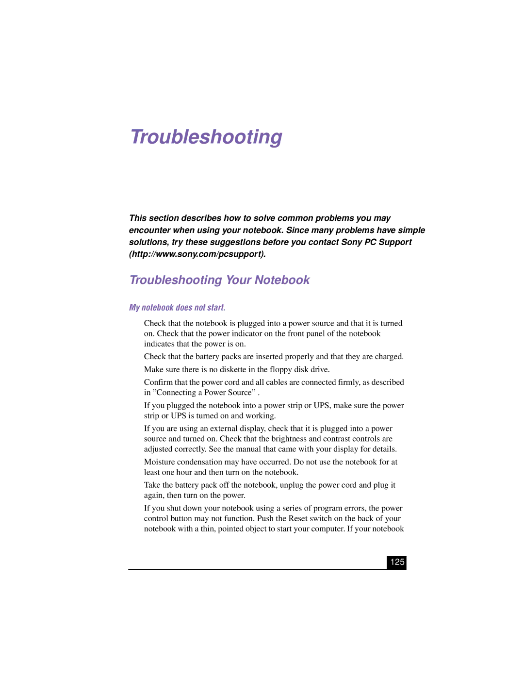 Sony PCG-R505TSK, PCG-R505TEK, PCG-R505TS, PCG-R505T manual Troubleshooting Your Notebook, My notebook does not start 