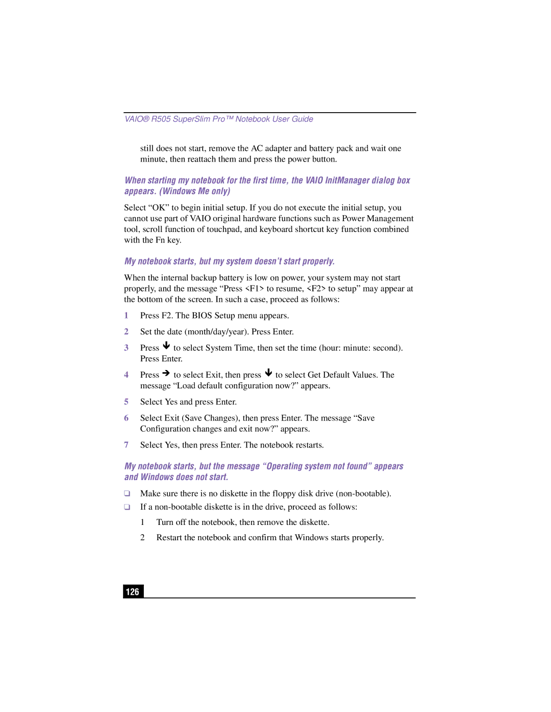 Sony PCG-R505TSK, PCG-R505TEK, PCG-R505TS, PCG-R505T manual My notebook starts, but my system doesn’t start properly, 126 