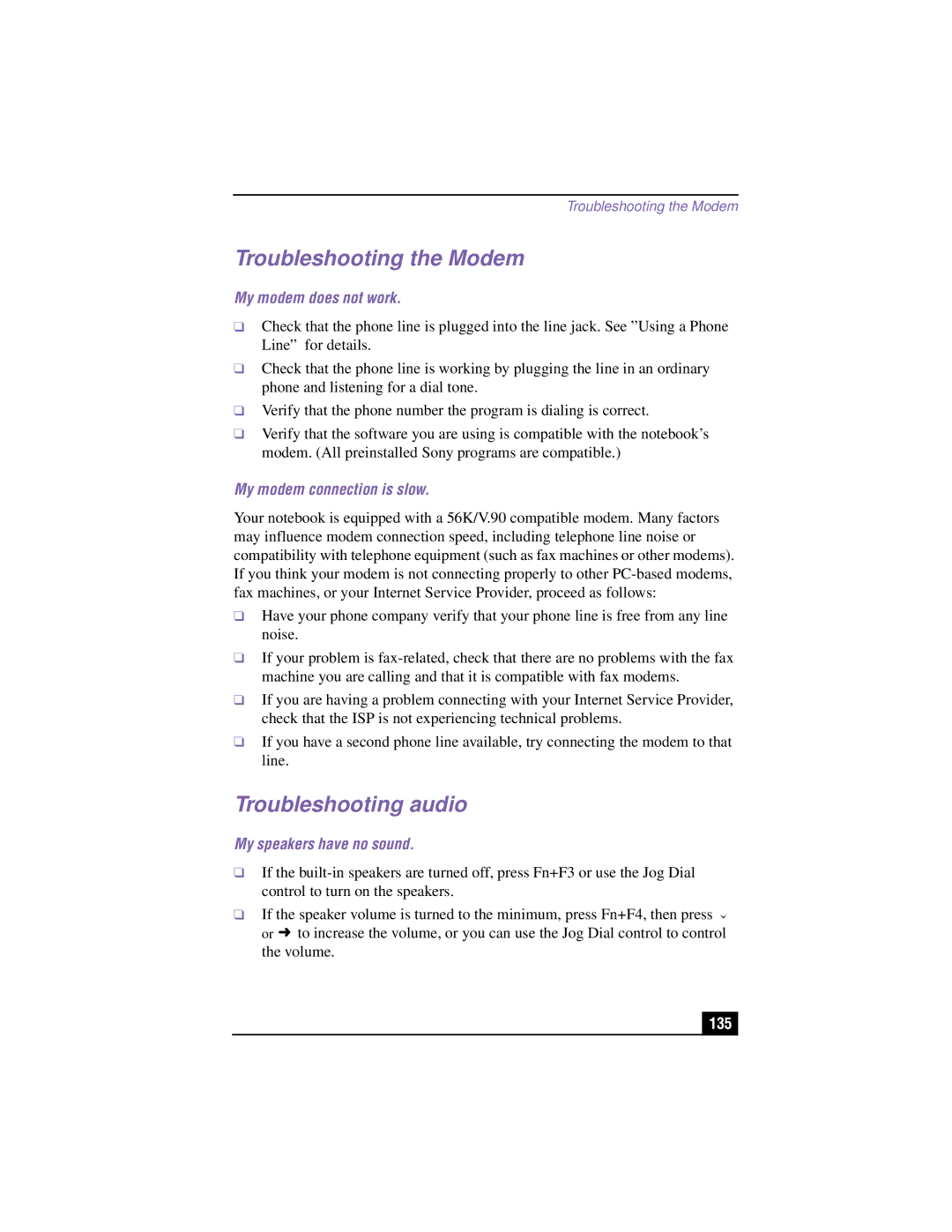 Sony PCG-R505TSK, PCG-R505TEK, PCG-R505TS, PCG-R505T manual Troubleshooting the Modem, Troubleshooting audio 