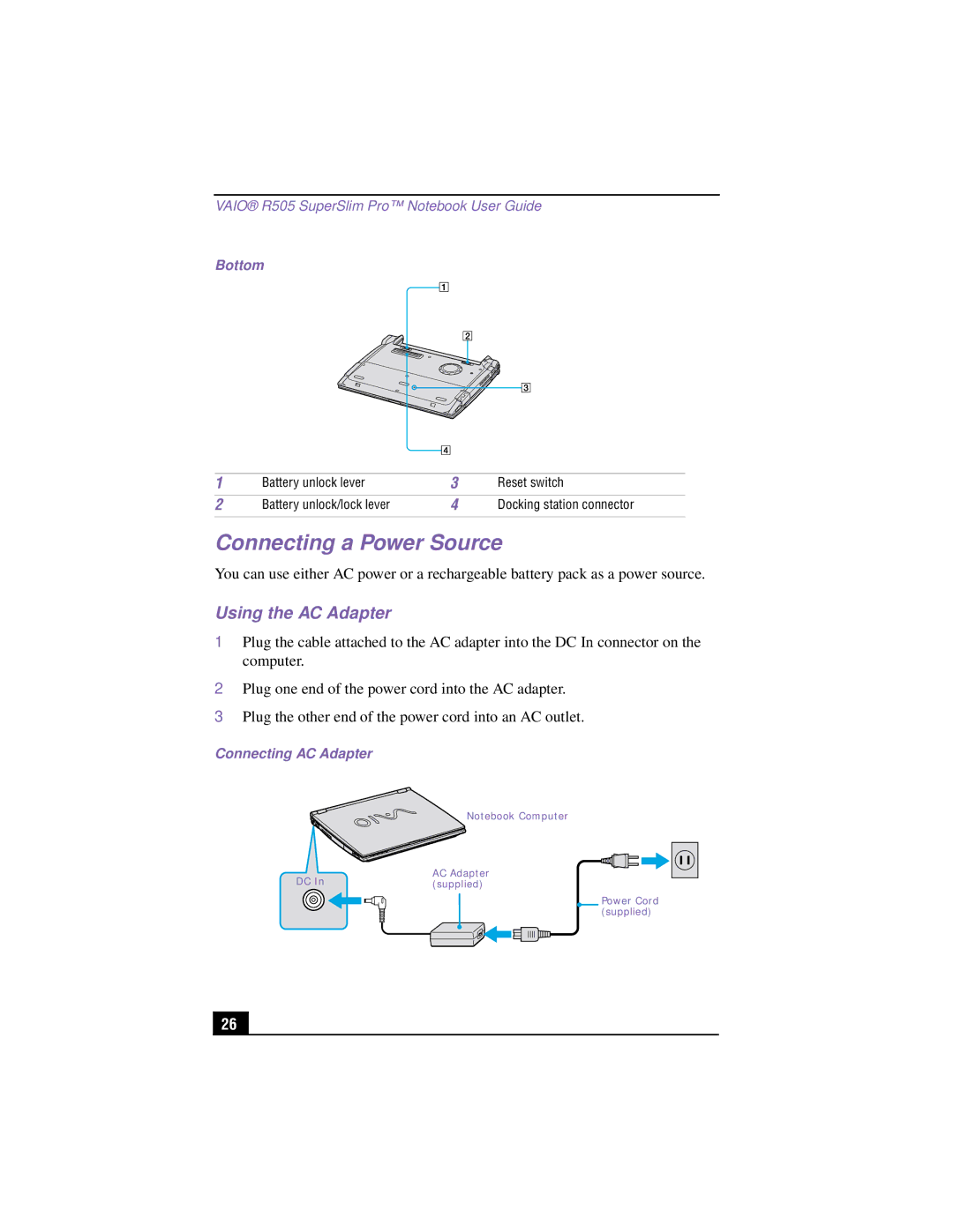 Sony PCG-R505TSK, PCG-R505TEK, PCG-R505TS, PCG-R505T manual Connecting a Power Source, Using the AC Adapter, Bottom 