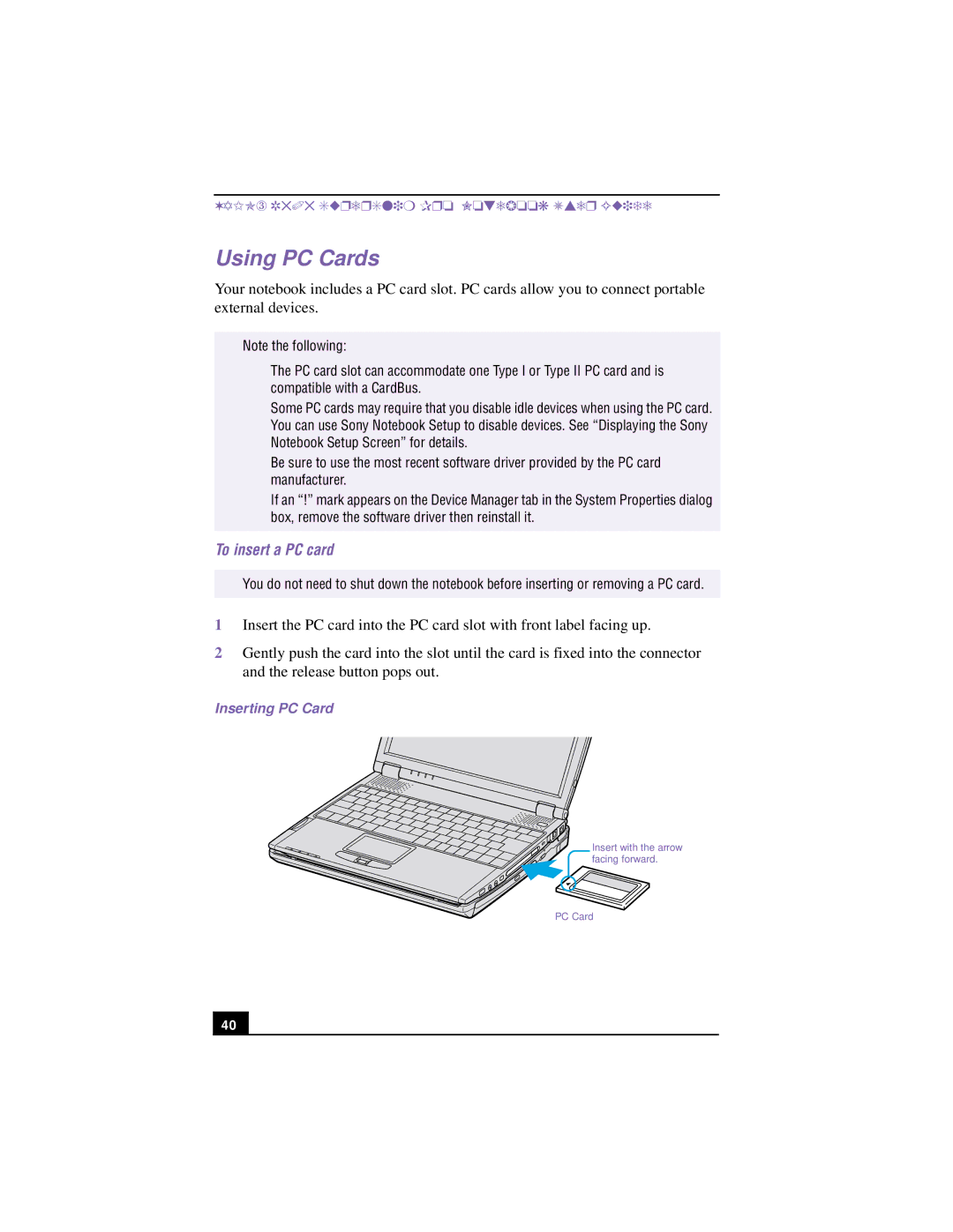 Sony PCG-R505TSK, PCG-R505TEK, PCG-R505TS, PCG-R505T manual Using PC Cards, To insert a PC card, Inserting PC Card 