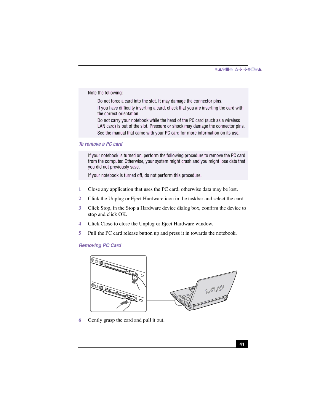 Sony PCG-R505TSK, PCG-R505TEK, PCG-R505TS, PCG-R505T manual To remove a PC card, Removing PC Card 