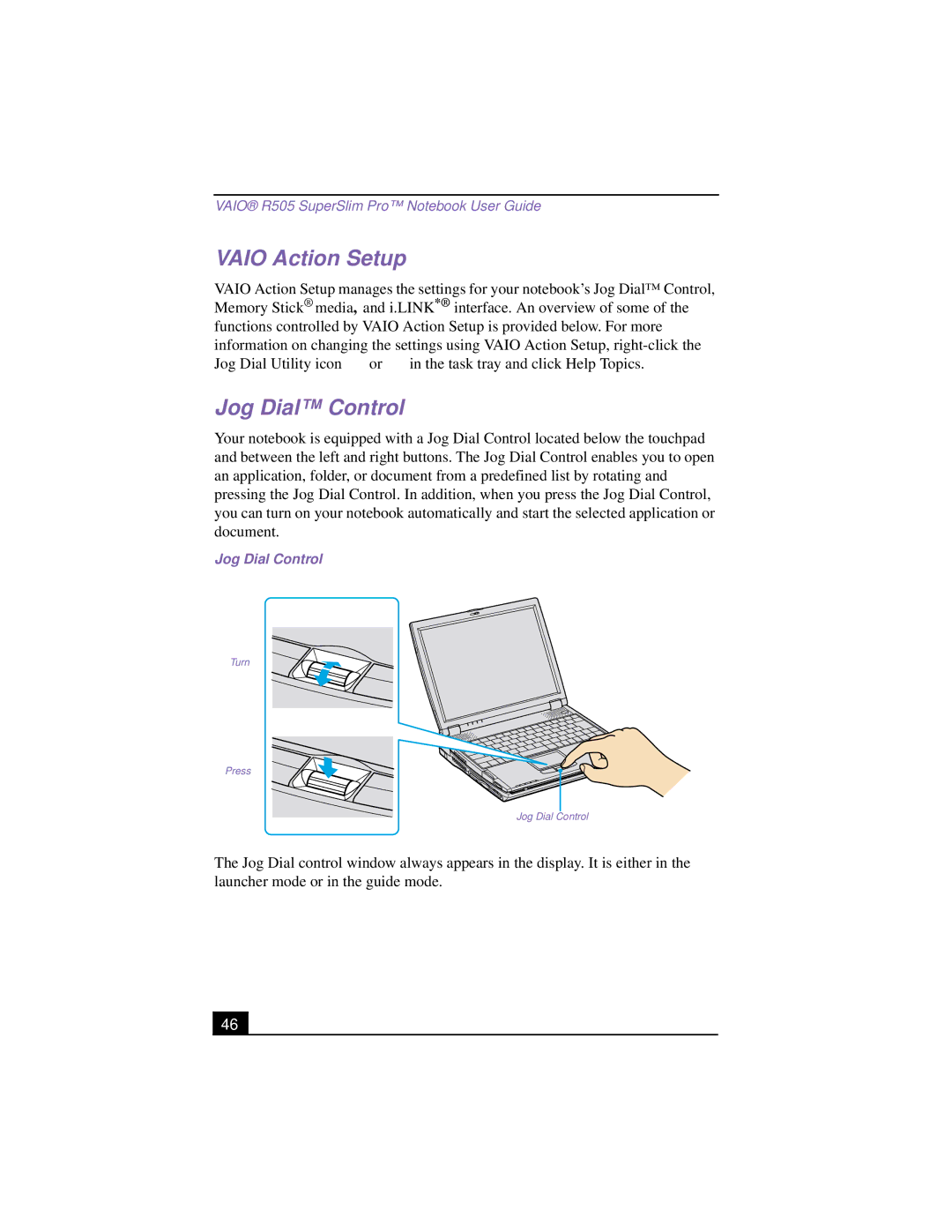 Sony PCG-R505TSK, PCG-R505TEK, PCG-R505TS, PCG-R505T manual Vaio Action Setup, Jog Dial Control 