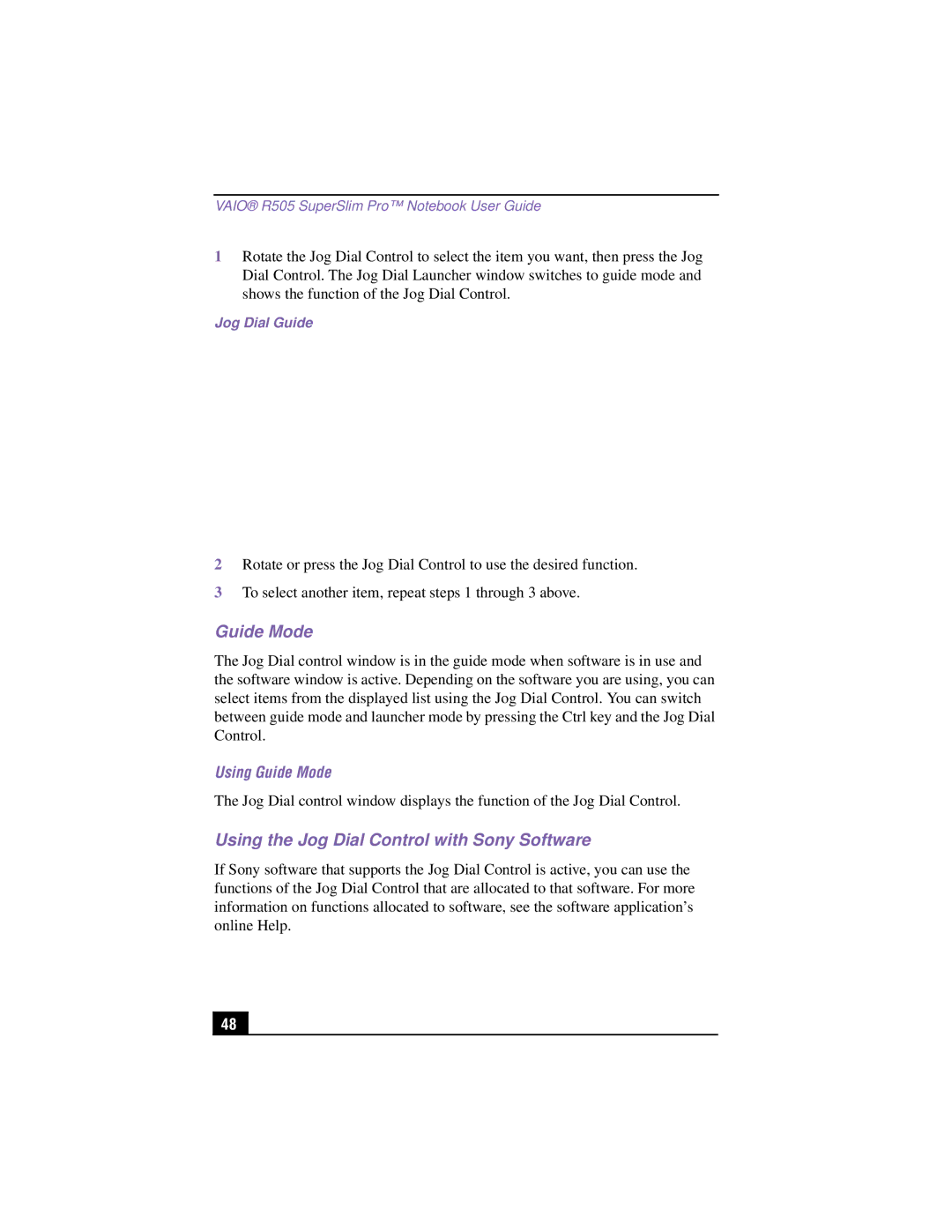 Sony PCG-R505TSK, PCG-R505TEK, PCG-R505TS, PCG-R505T manual Guide Mode, Using the Jog Dial Control with Sony Software 