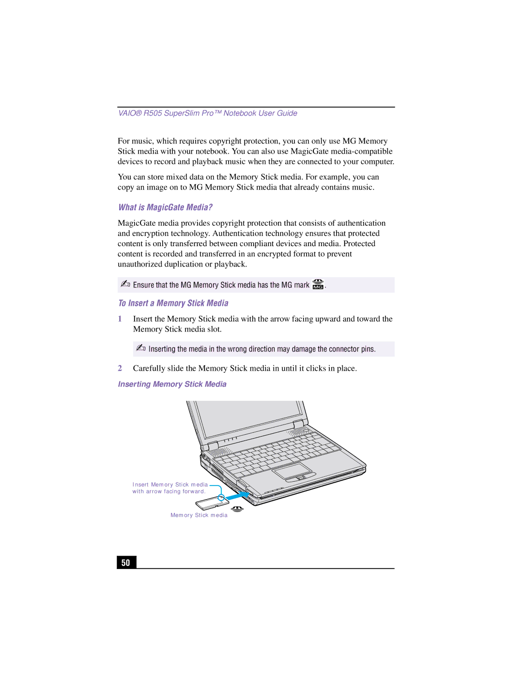 Sony PCG-R505TSK, PCG-R505TEK, PCG-R505TS, PCG-R505T manual What is MagicGate Media?, To Insert a Memory Stick Media 