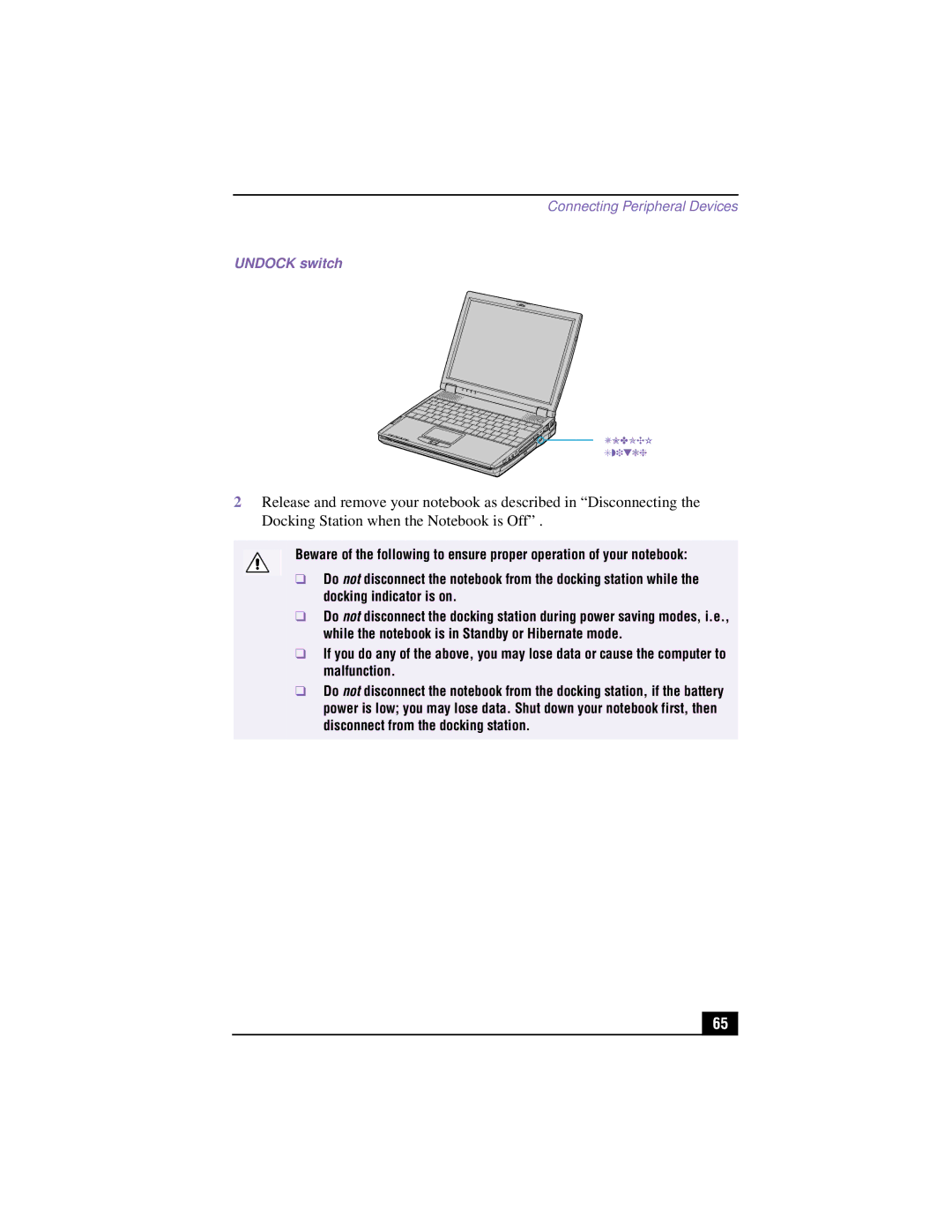 Sony PCG-R505TSK, PCG-R505TEK, PCG-R505TS, PCG-R505T manual Undock switch 