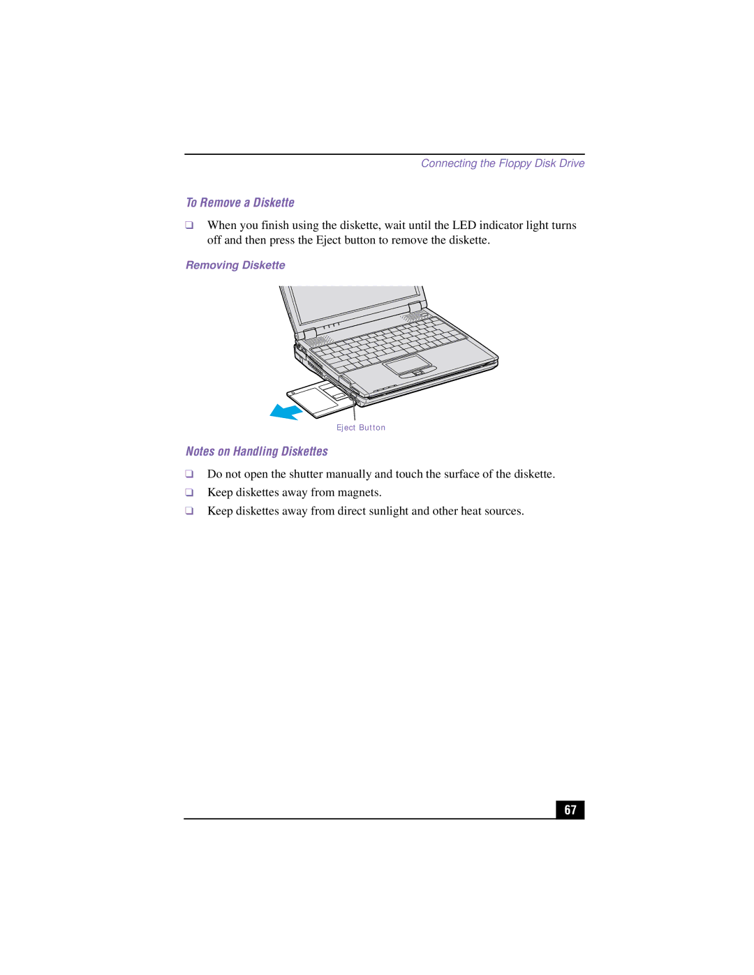 Sony PCG-R505TSK, PCG-R505TEK, PCG-R505TS, PCG-R505T manual To Remove a Diskette, Removing Diskette 