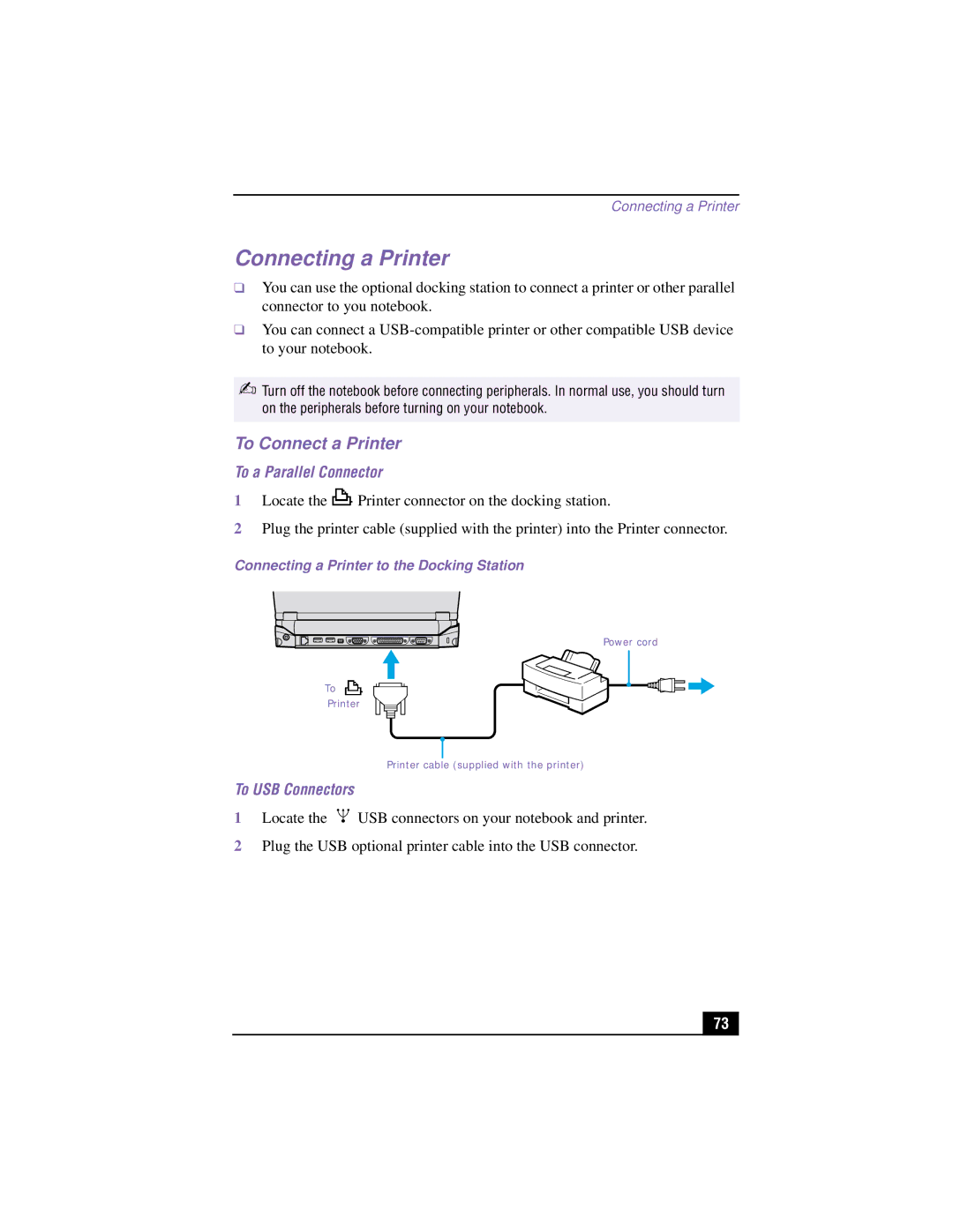 Sony PCG-R505TSK, PCG-R505TEK, PCG-R505TS, PCG-R505T Connecting a Printer, To Connect a Printer, To a Parallel Connector 