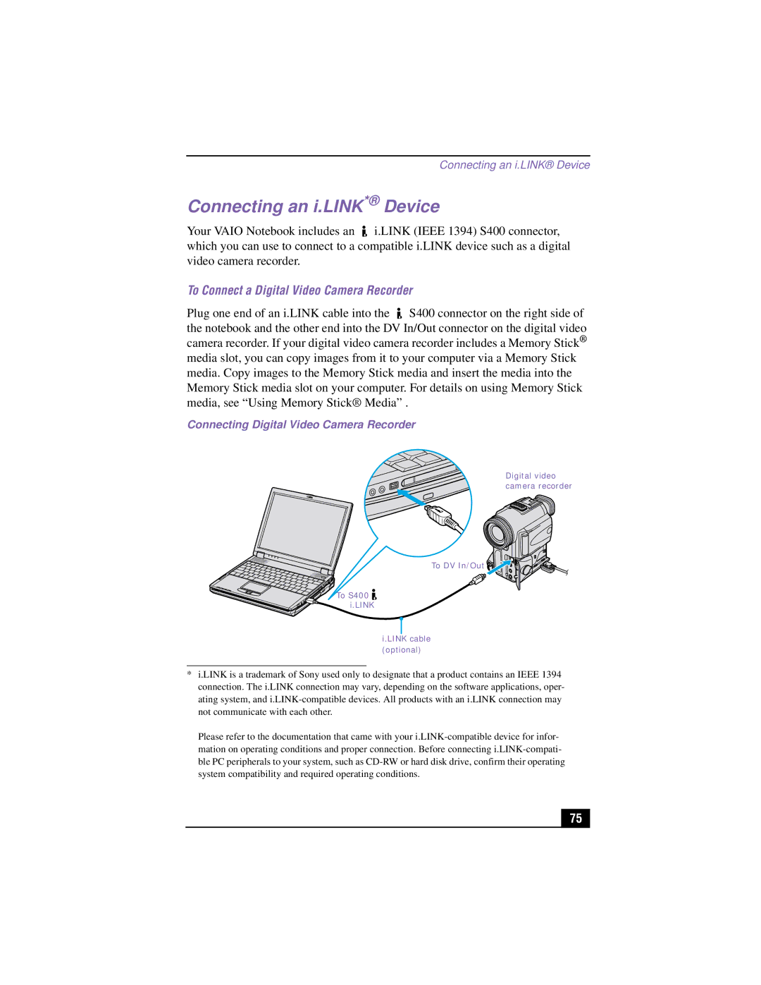 Sony PCG-R505TSK, PCG-R505TEK, PCG-R505TS, PCG-R505T manual Connecting an i.LINK* Device 