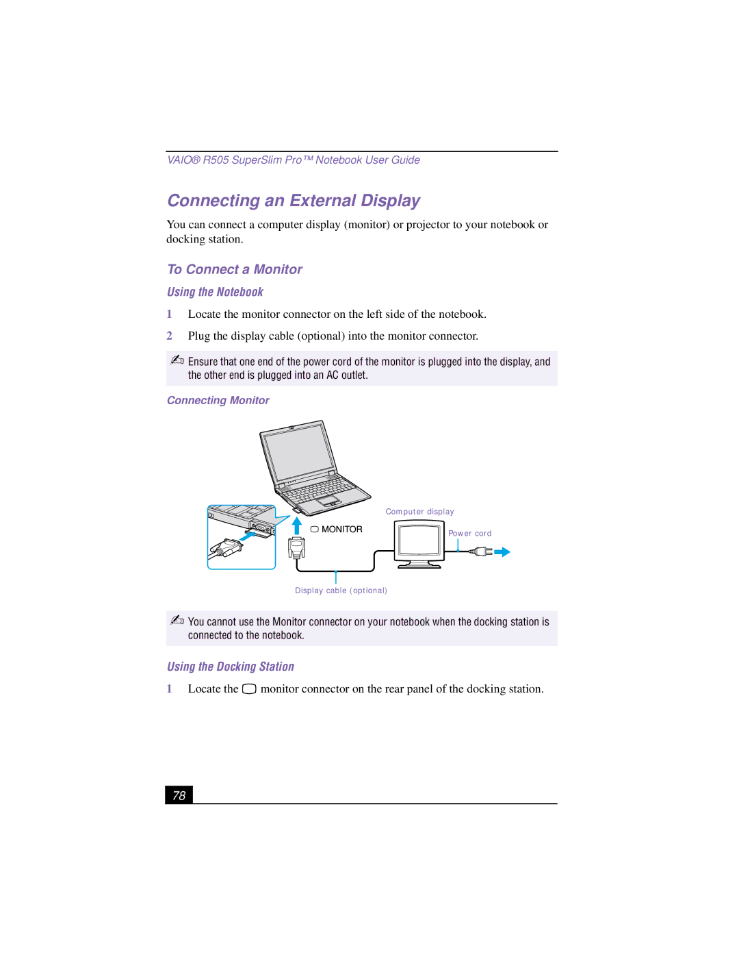 Sony PCG-R505TSK, PCG-R505TEK, PCG-R505TS, PCG-R505T manual Connecting an External Display, To Connect a Monitor 