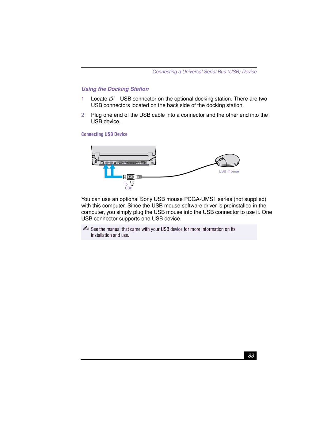 Sony PCG-R505TSK, PCG-R505TEK, PCG-R505TS, PCG-R505T manual Connecting a Universal Serial Bus USB Device 