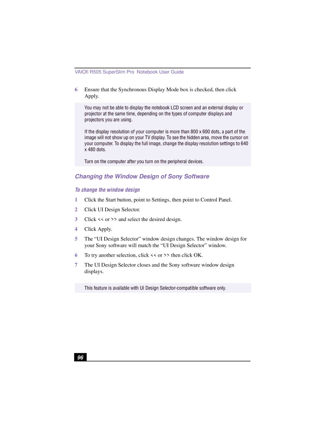 Sony PCG-R505TSK, PCG-R505TEK, PCG-R505TS, PCG-R505T manual Changing the Window Design of Sony Software 