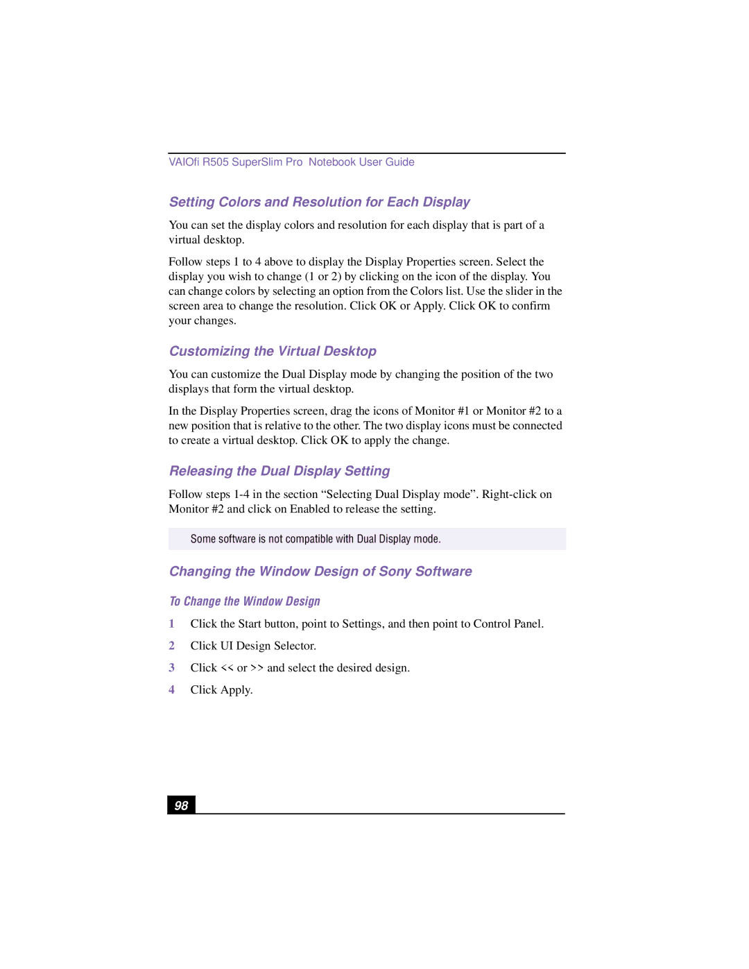 Sony PCG-R505TSK, PCG-R505TEK, PCG-R505TS, PCG-R505T manual Setting Colors and Resolution for Each Display 