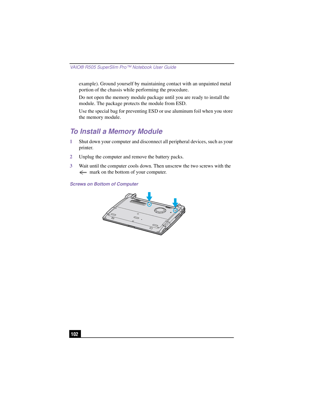 Sony PCG-R505TSK, PCG-R505TEK, PCG-R505TS, PCG-R505TE manual To Install a Memory Module, 102, Screws on Bottom of Computer 