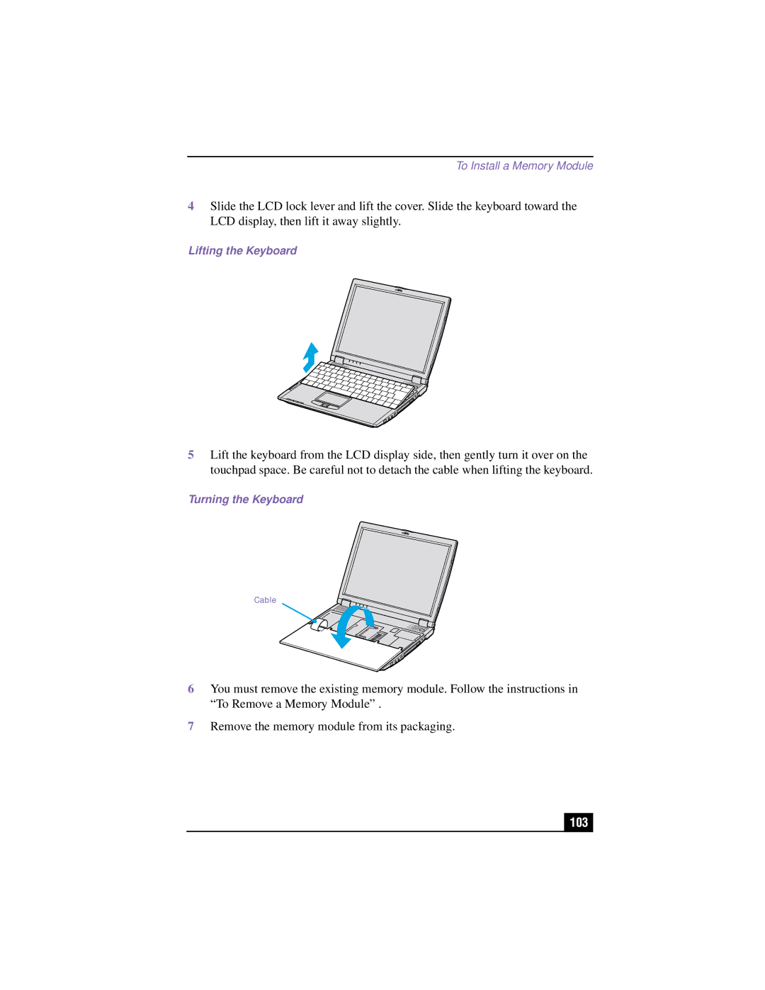 Sony PCG-R505TS, PCG-R505TSK, PCG-R505TEK, PCG-R505TE manual 103, Lifting the Keyboard, Turning the Keyboard 