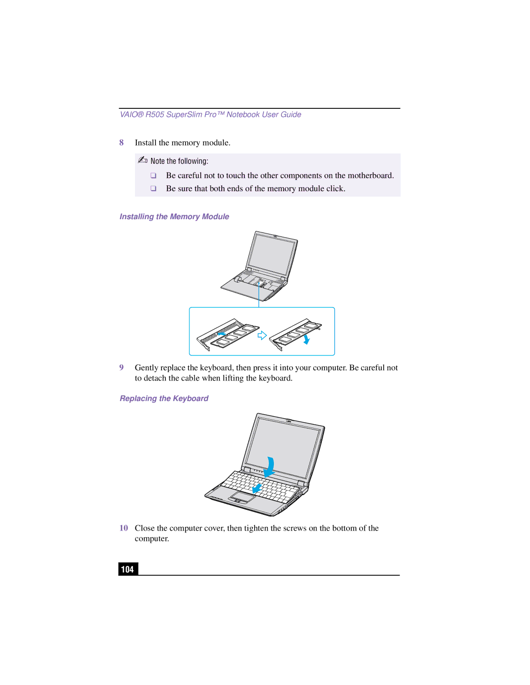 Sony PCG-R505TSK, PCG-R505TEK, PCG-R505TS, PCG-R505TE manual 104, Installing the Memory Module, Replacing the Keyboard 