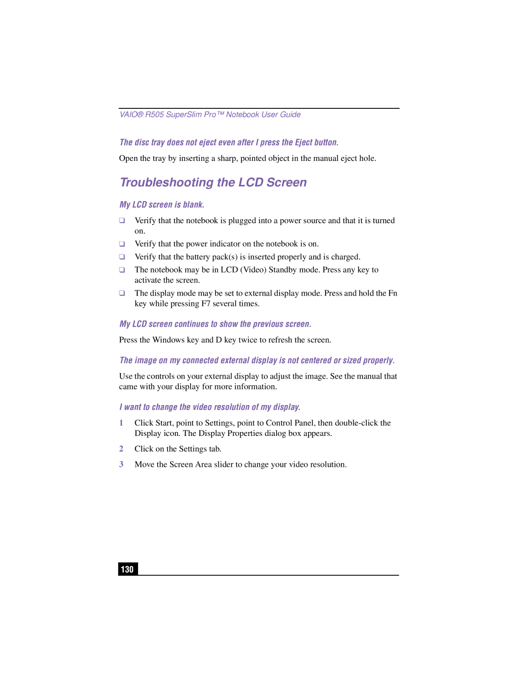 Sony PCG-R505TSK, PCG-R505TEK, PCG-R505TS, PCG-R505TE manual Troubleshooting the LCD Screen, My LCD screen is blank, 130 