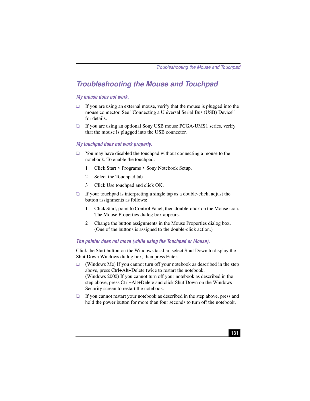 Sony PCG-R505TS, PCG-R505TSK, PCG-R505TEK, PCG-R505TE Troubleshooting the Mouse and Touchpad, My mouse does not work, 131 