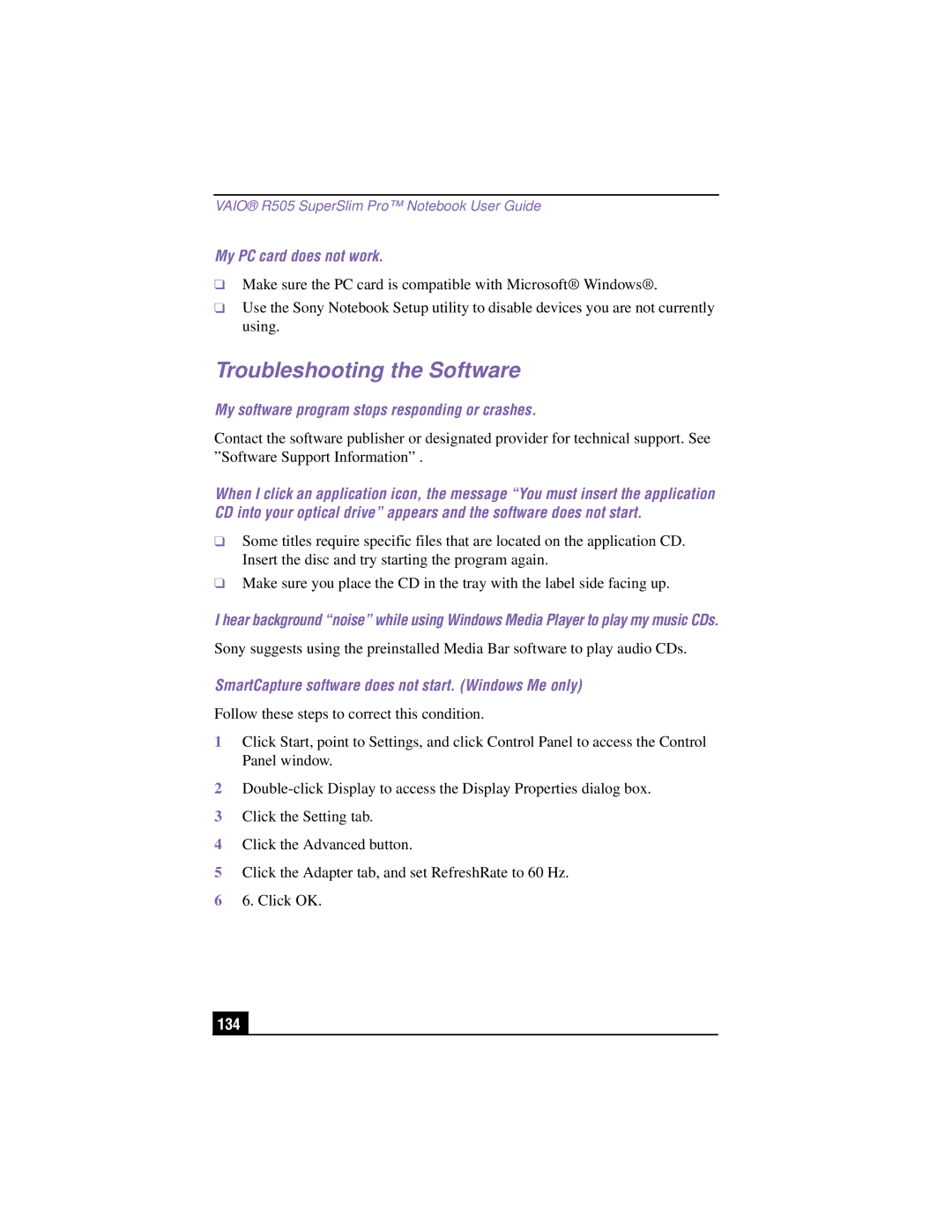 Sony PCG-R505TSK, PCG-R505TEK, PCG-R505TS, PCG-R505TE manual Troubleshooting the Software, My PC card does not work, 134 