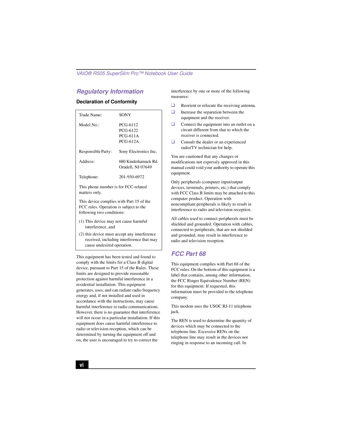 Sony PCG-R505TSK, PCG-R505TEK, PCG-R505TS, PCG-R505TE manual Regulatory Information, FCC Part 