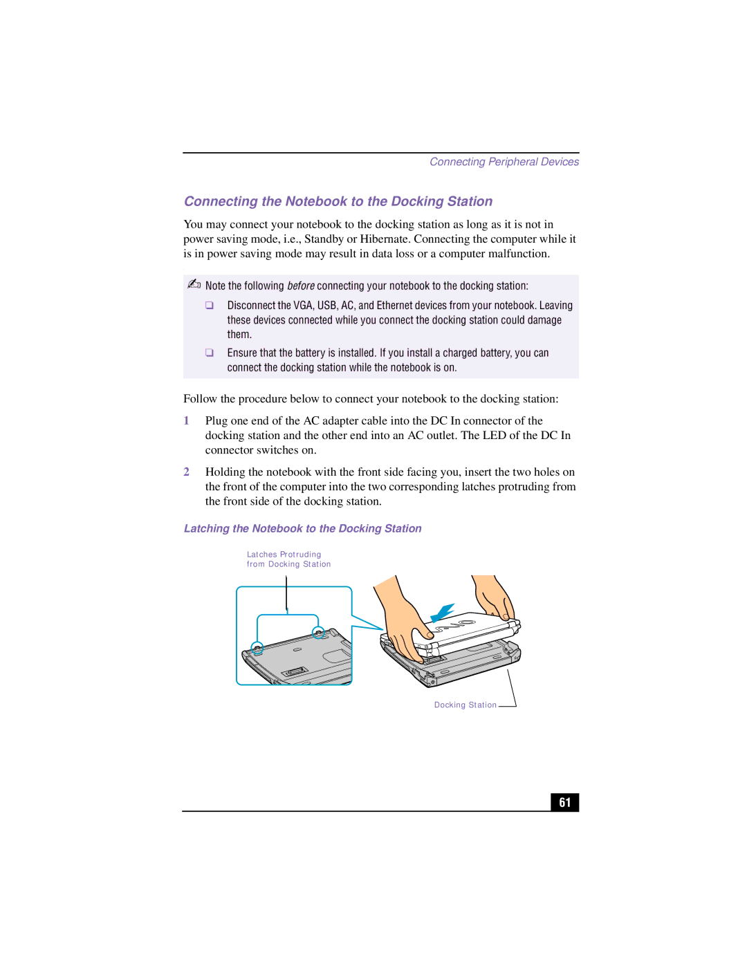 Sony PCG-R505TS, PCG-R505TSK, PCG-R505TEK, PCG-R505TE manual Connecting the Notebook to the Docking Station 