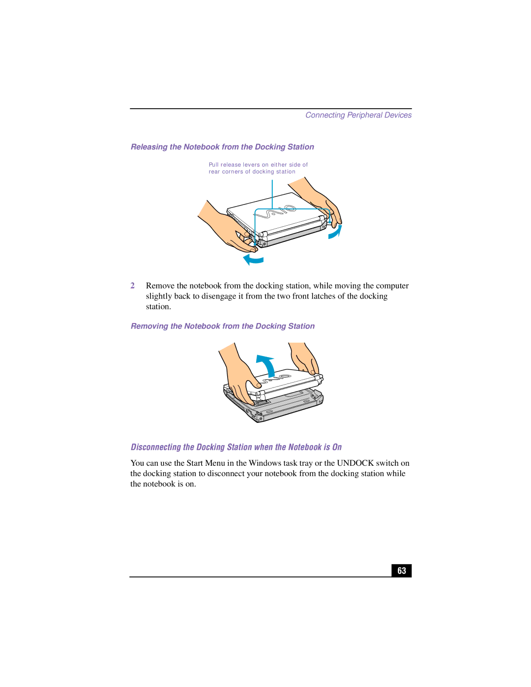 Sony PCG-R505TS, PCG-R505TSK, PCG-R505TEK, PCG-R505TE manual Disconnecting the Docking Station when the Notebook is On 