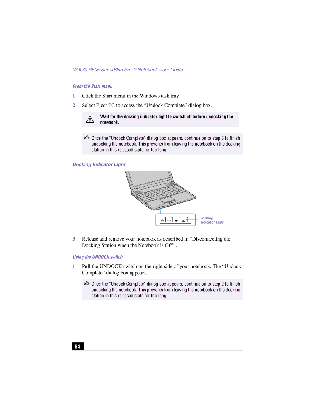 Sony PCG-R505TSK, PCG-R505TEK, PCG-R505TS, PCG-R505TE manual From the Start menu, Docking Indicator Light 