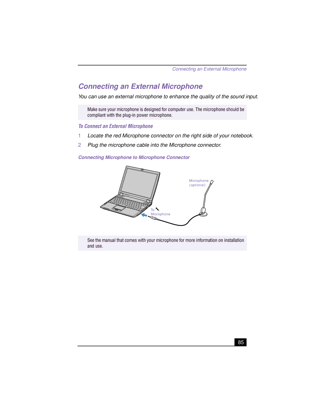 Sony PCG-R505TS, PCG-R505TSK, PCG-R505TEK, PCG-R505TE Connecting an External Microphone, To Connect an External Microphone 