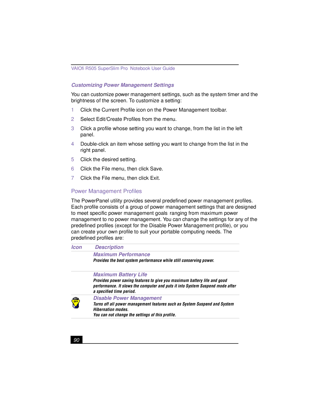 Sony PCG-R505TSK, PCG-R505TEK, PCG-R505TS, PCG-R505TE Power Management Profiles, Customizing Power Management Settings 