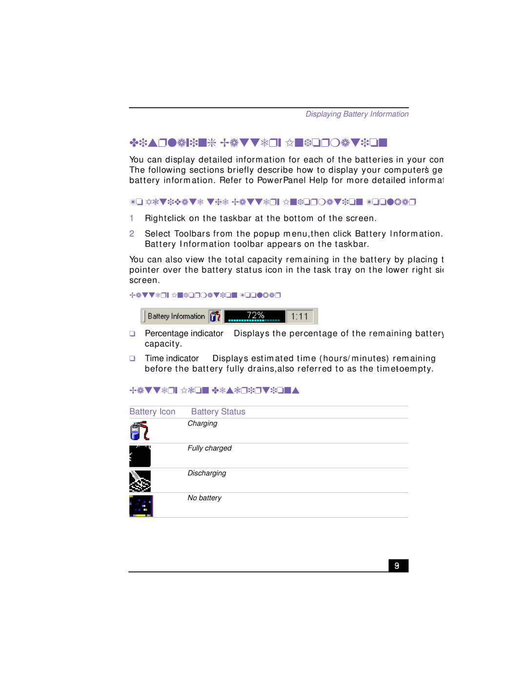 Sony PCG-R505TS, PCG-R505TSK, PCG-R505TEK, PCG-R505TE manual Displaying Battery Information, Battery Icon Descriptions 