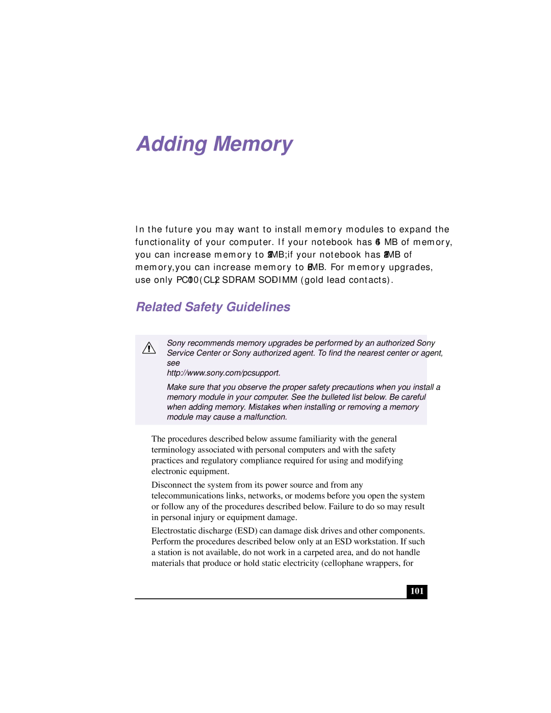 Sony PCG-R505TEK, PCG-R505TSK manual Adding Memory, Related Safety Guidelines 