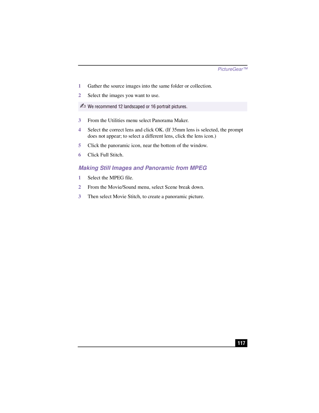 Sony PCG-R505TEK, PCG-R505TSK manual Making Still Images and Panoramic from Mpeg, 117 