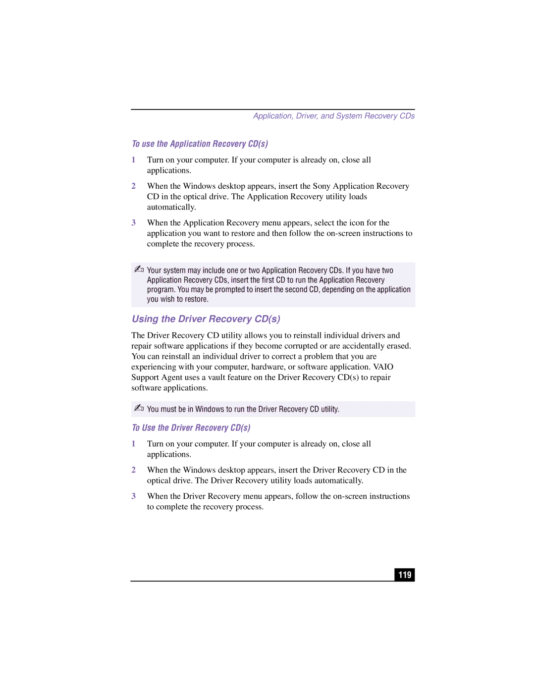 Sony PCG-R505TE Using the Driver Recovery CDs, To use the Application Recovery CDs, To Use the Driver Recovery CDs, 119 