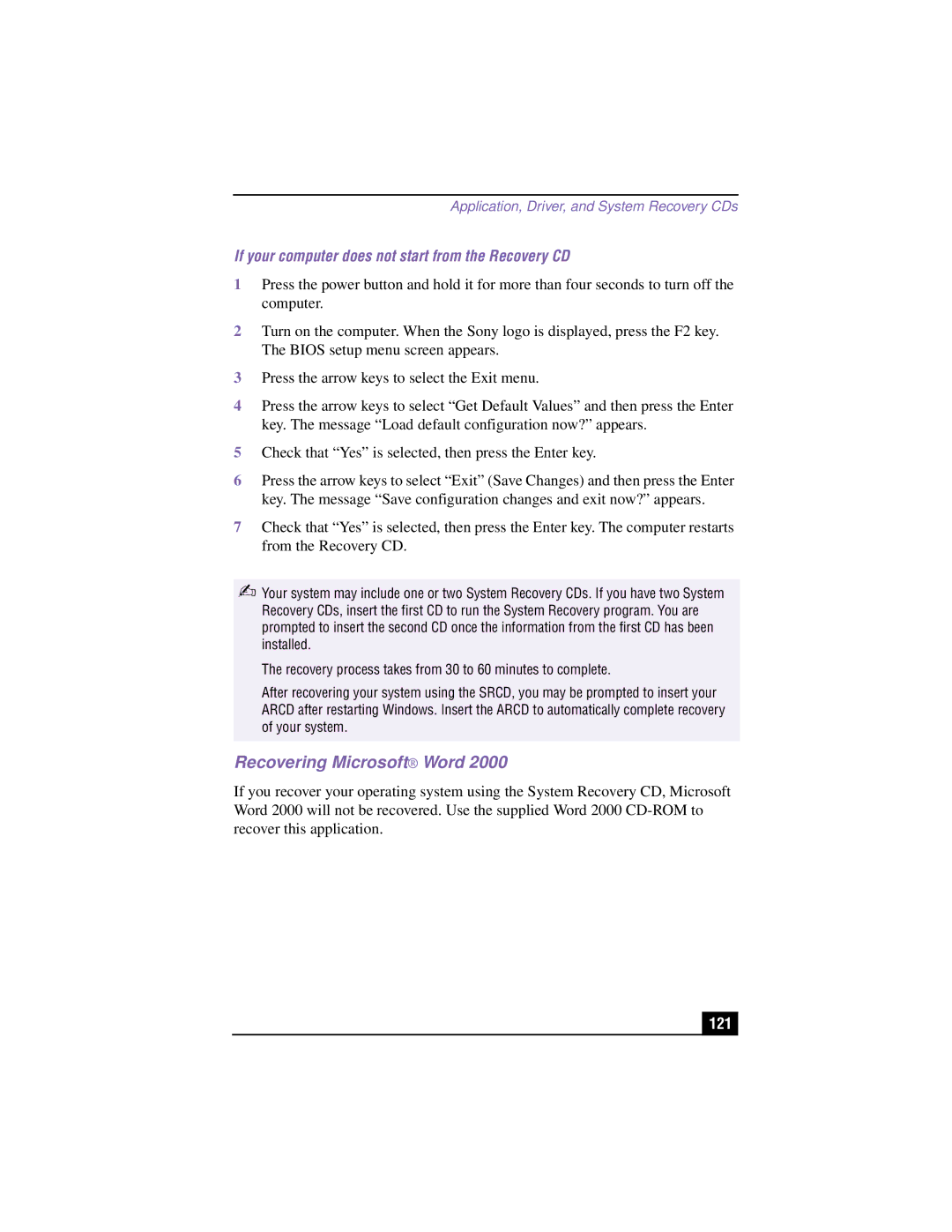 Sony PCG-R505TEK, PCG-R505TSK manual Recovering Microsoft Word, If your computer does not start from the Recovery CD, 121 