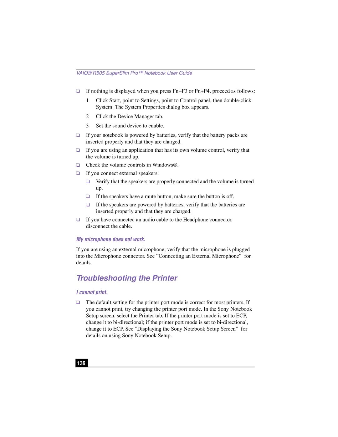 Sony PCG-R505TSK, PCG-R505TEK manual Troubleshooting the Printer, My microphone does not work, Cannot print, 136 