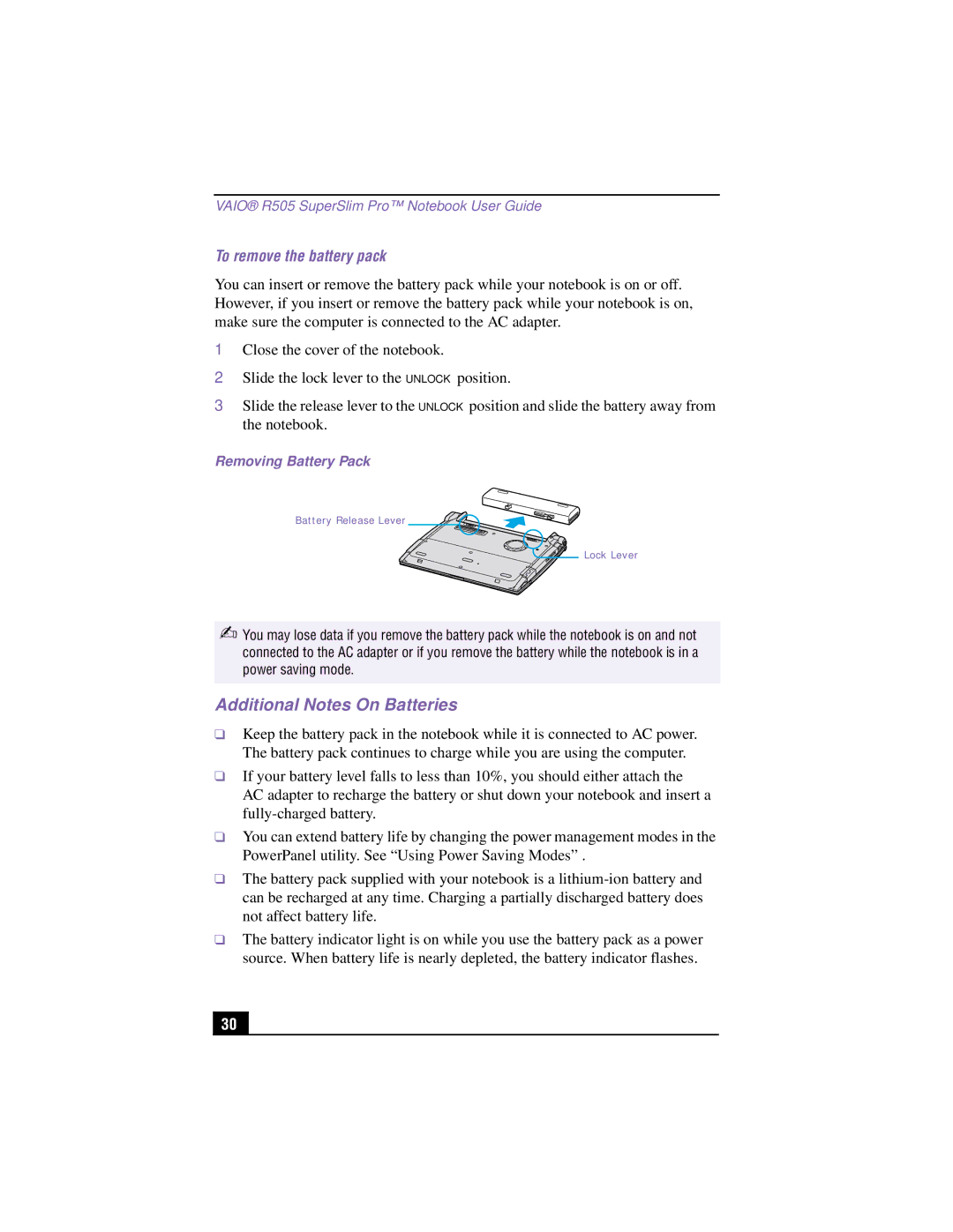 Sony PCG-R505TSK, PCG-R505TEK manual Additional Notes On Batteries, To remove the battery pack, Removing Battery Pack 