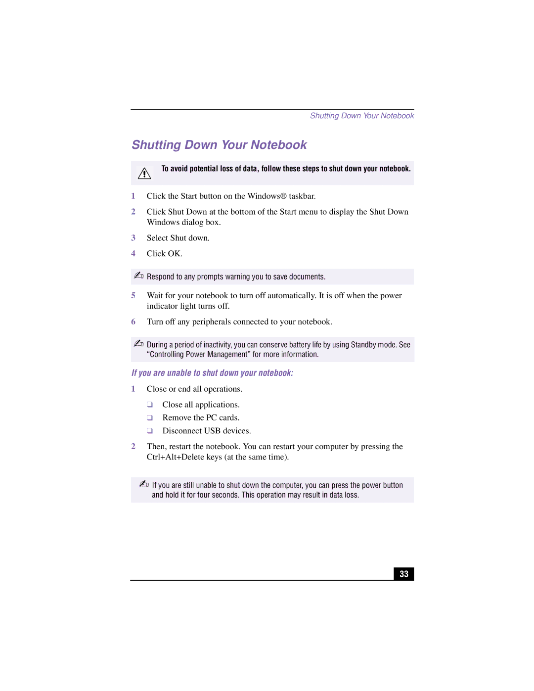 Sony PCG-R505TEK, PCG-R505TSK manual If you are unable to shut down your notebook 