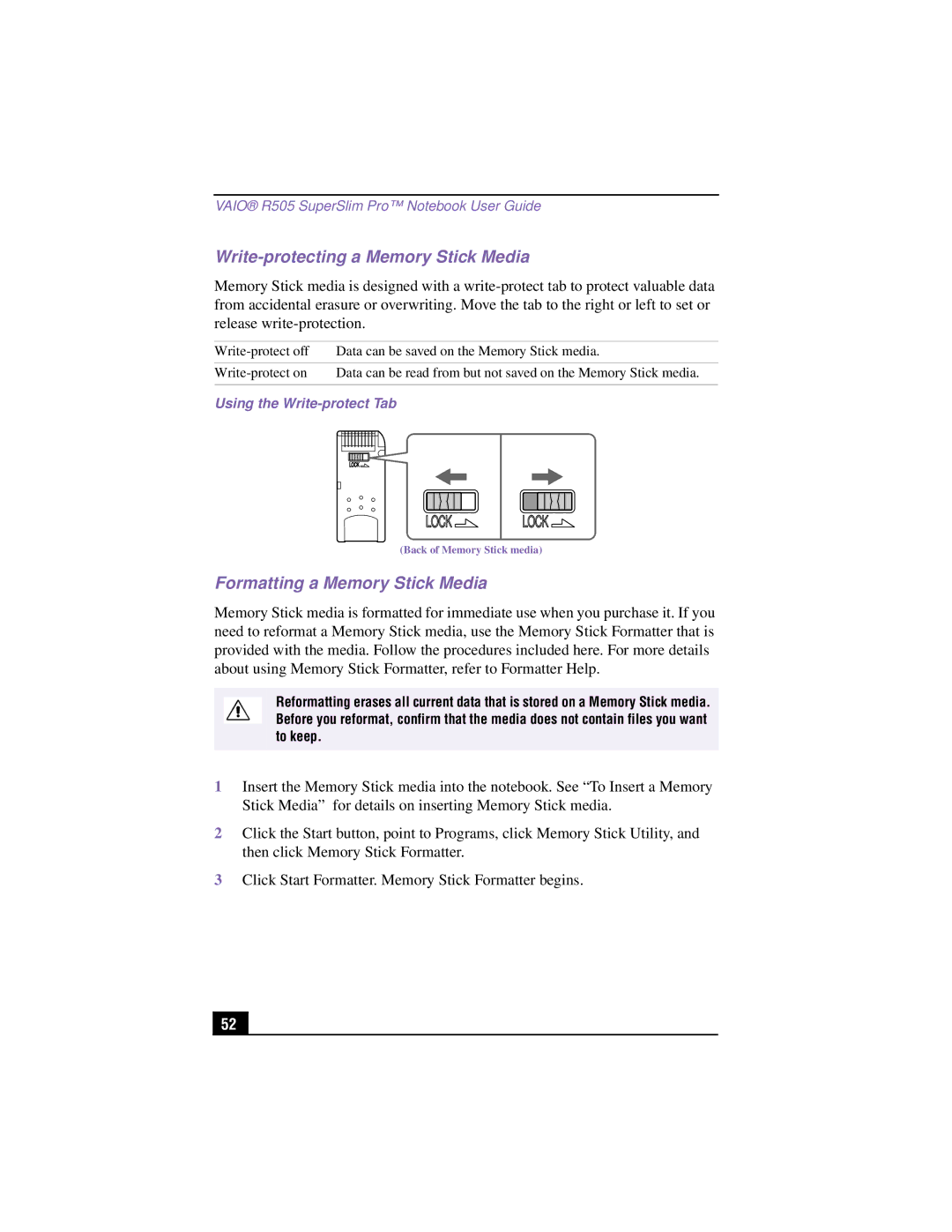 Sony PCG-R505TSK manual Write-protecting a Memory Stick Media, Formatting a Memory Stick Media, Using the Write-protect Tab 