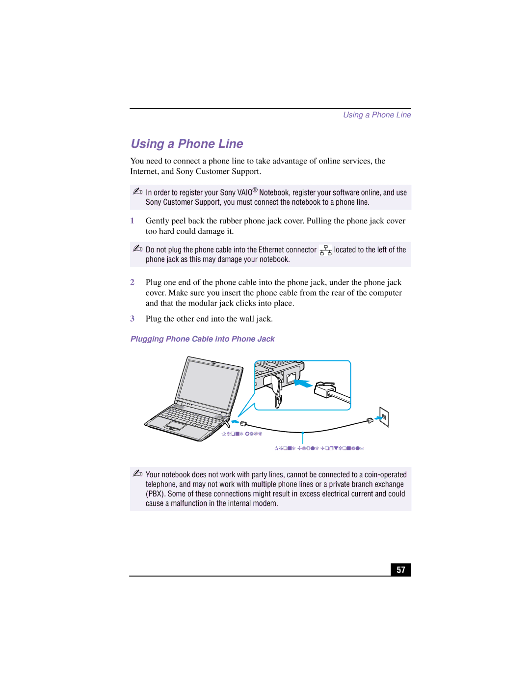 Sony PCG-R505TEK, PCG-R505TSK manual Using a Phone Line, Plugging Phone Cable into Phone Jack 