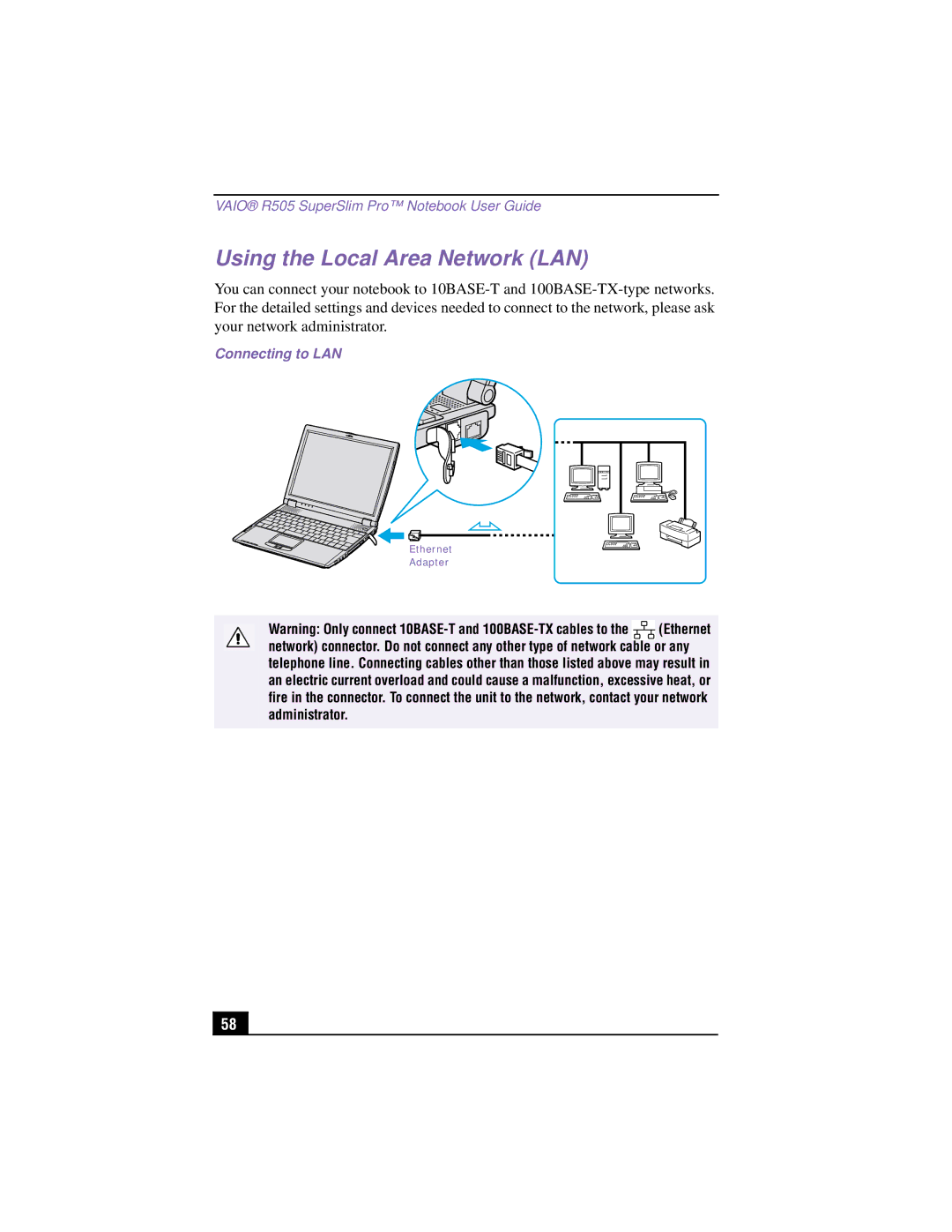 Sony PCG-R505TSK, PCG-R505TEK manual Using the Local Area Network LAN, Connecting to LAN 