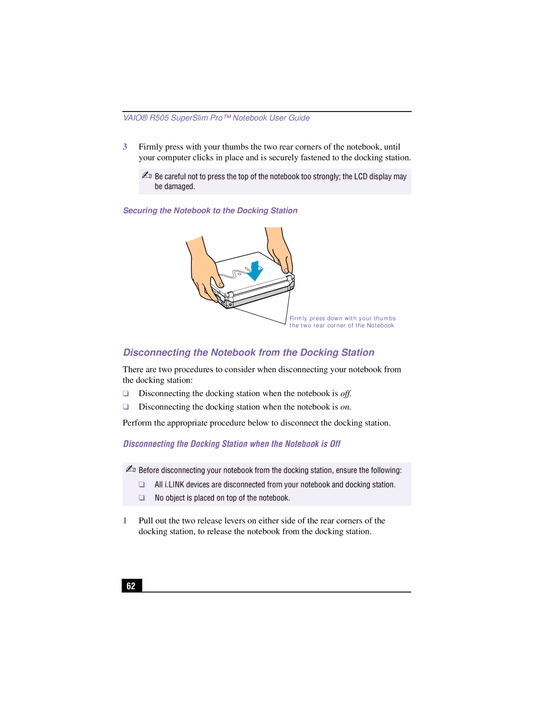 Sony PCG-R505TS manual Disconnecting the Notebook from the Docking Station, Securing the Notebook to the Docking Station 