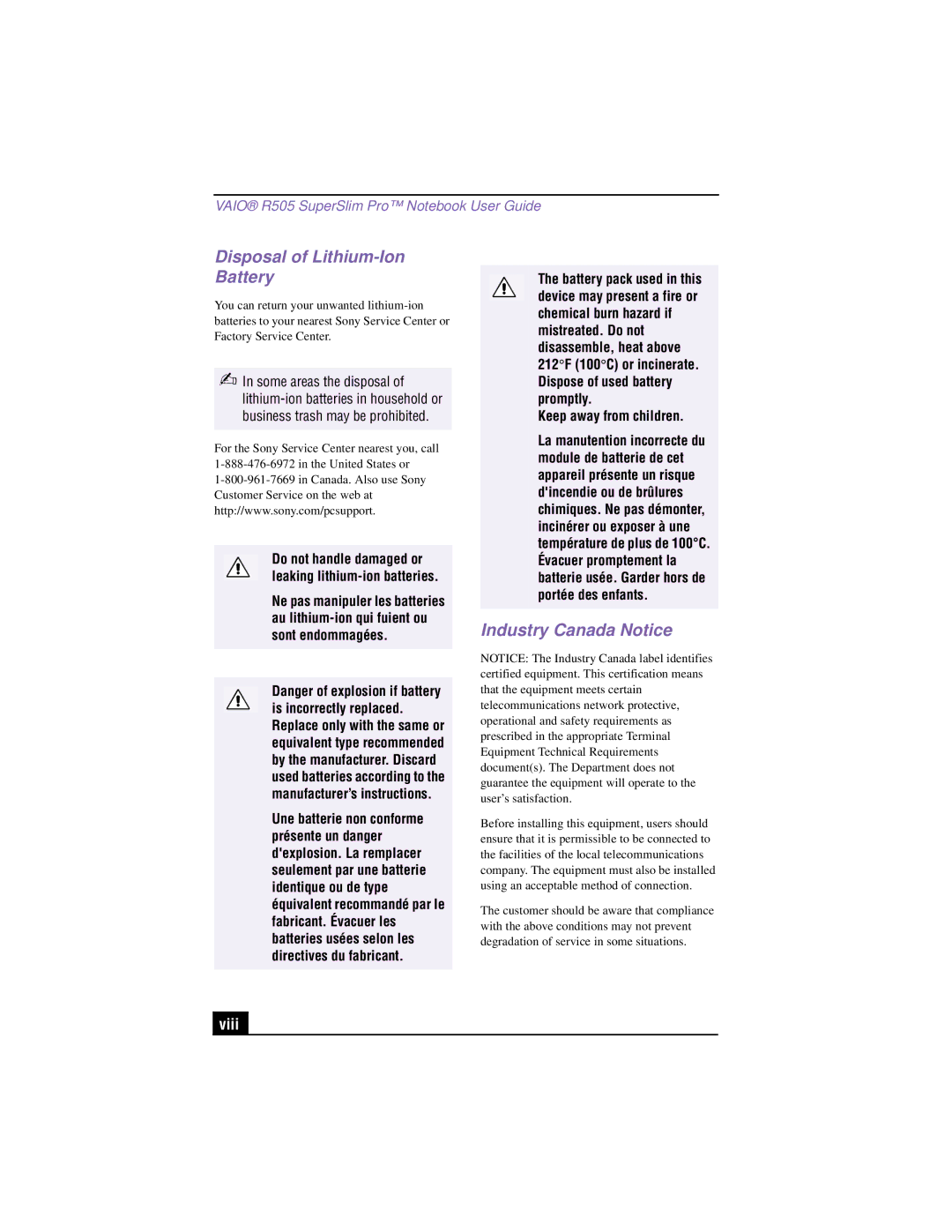 Sony PCG-R505TSK, PCG-R505TEK manual Disposal of Lithium-Ion Battery, Industry Canada Notice, Viii 