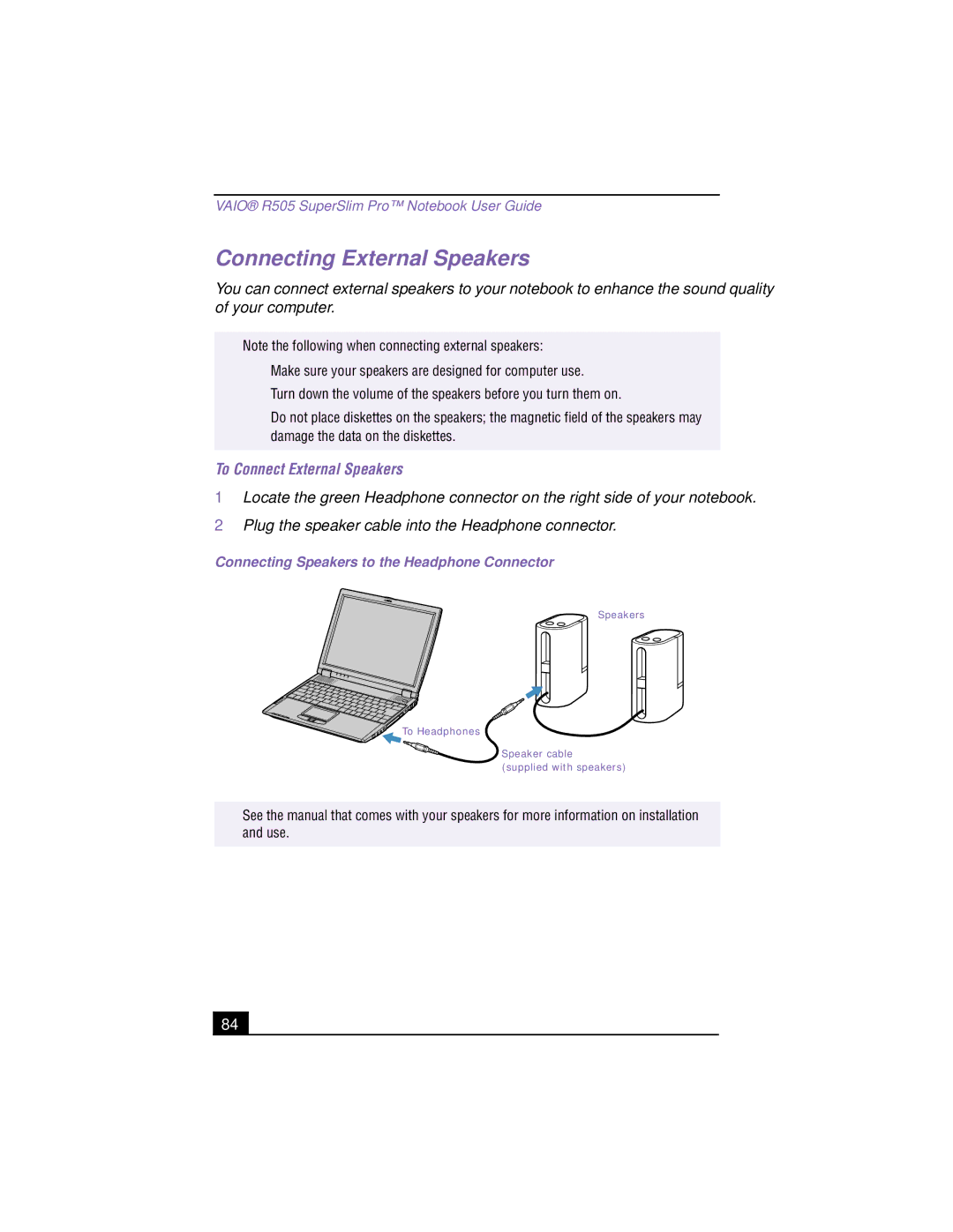 Sony PCG-R505TSK, PCG-R505TEK manual Connecting External Speakers, To Connect External Speakers 