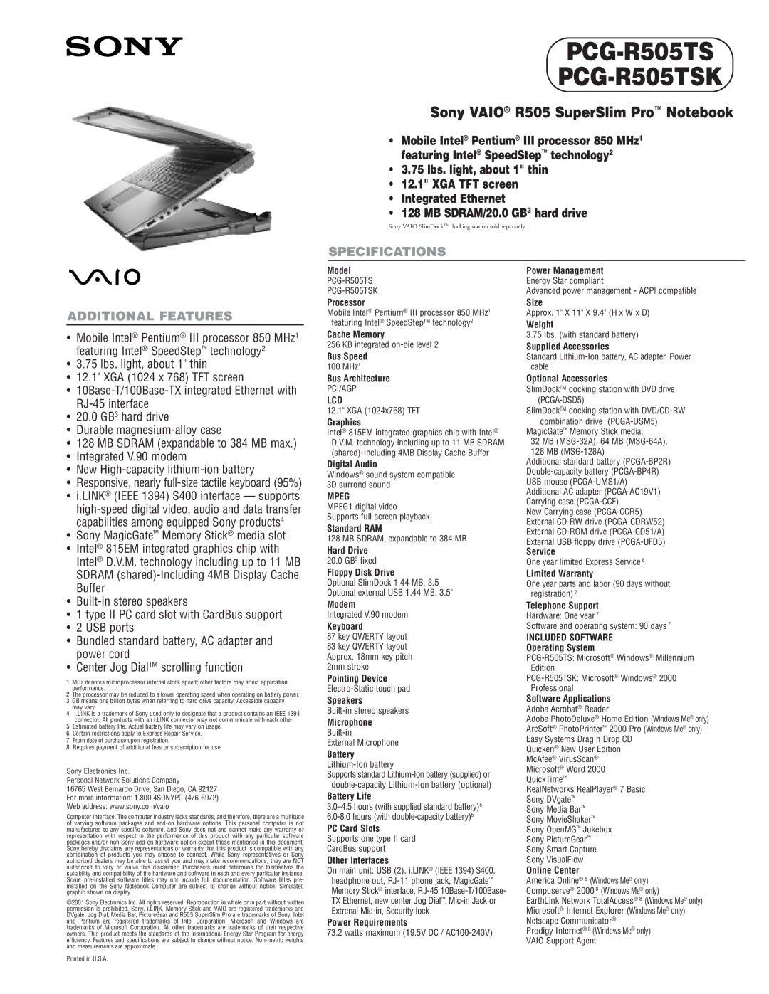 Sony PCG-R505TSK specifications Lcd, Mpeg, Included Software 