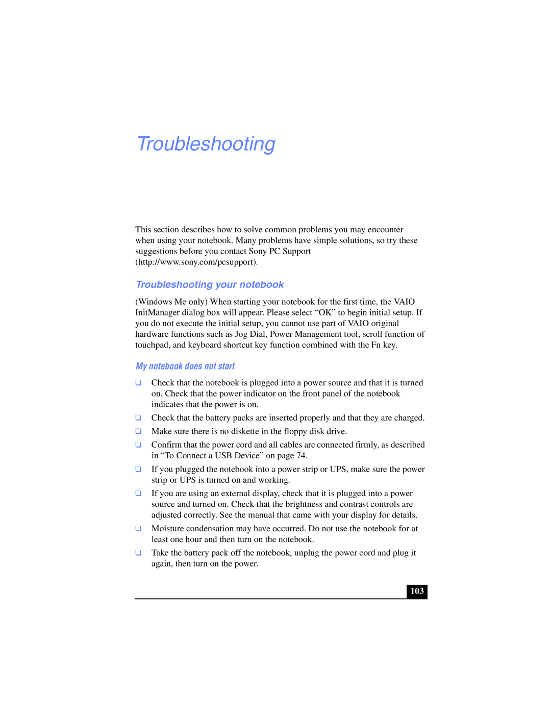 Sony PCG-SR17K manual Troubleshooting your notebook, My notebook does not start 