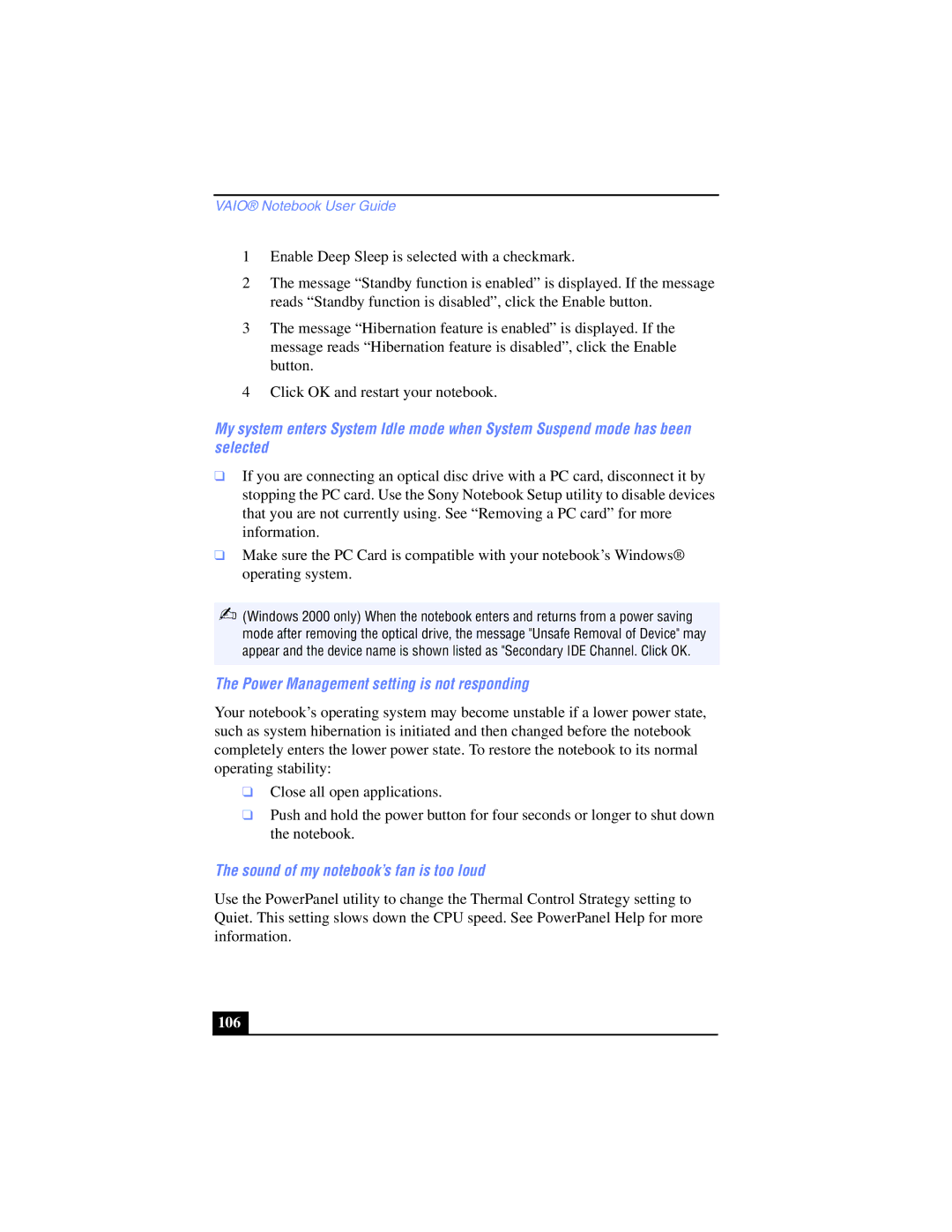 Sony PCG-SR17K manual Power Management setting is not responding, Sound of my notebook’s fan is too loud 