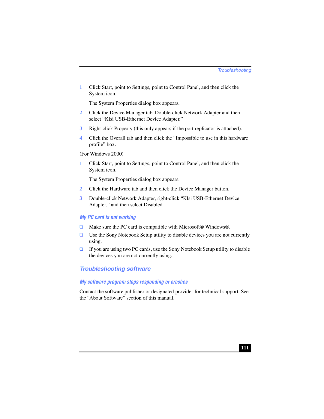 Sony PCG-SR17K manual Troubleshooting software, My PC card is not working, My software program stops responding or crashes 