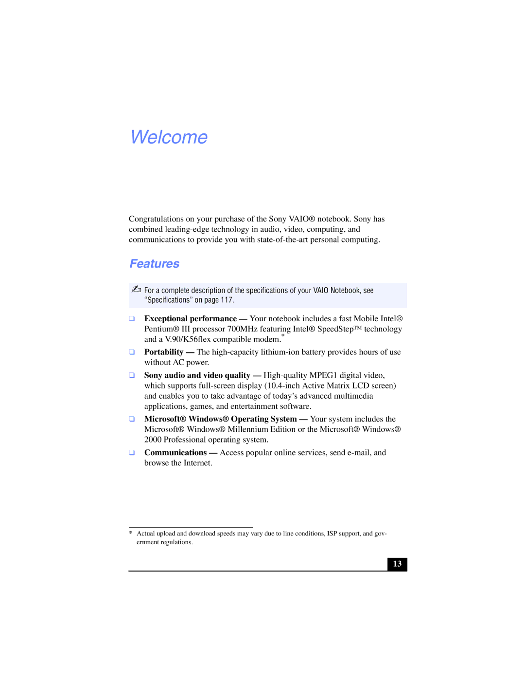 Sony PCG-SR17K manual Welcome, Features 